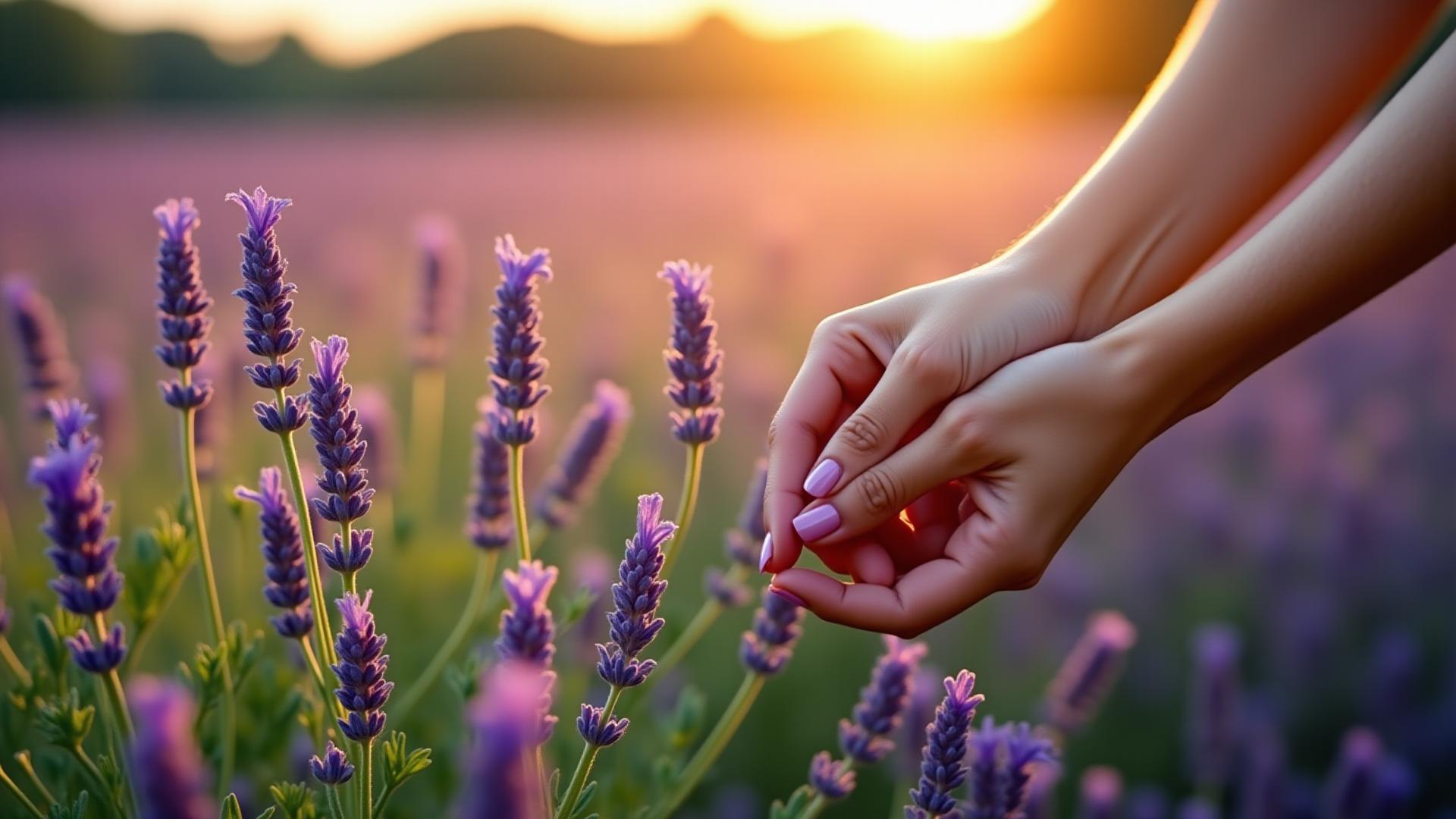 Champ de lavande en Provence avec des mains cueillant délicatement des ingrédients naturels pour la formulation cosmétique bio