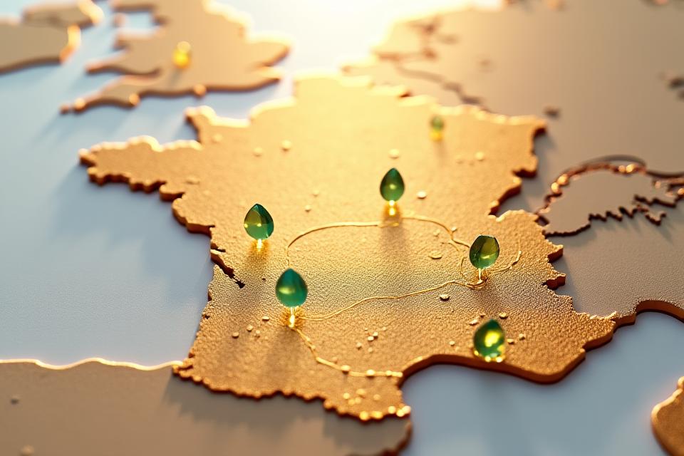 Carte interactive de la France avec des points lumineux marquant les zones de sourcing d'ingrédients biologiques et naturels de Sable Doré