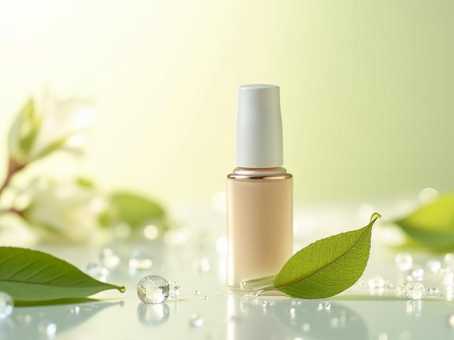 Visuel conceptuel maquillage soin avec ingrédients comme acide hyaluronique et vitamine C