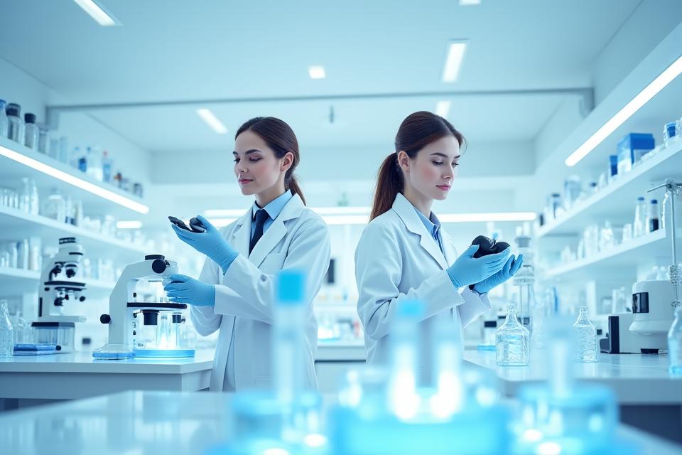 Scientifiques en laboratoire travaillant sur des formules cosmétiques, équipements de pointe