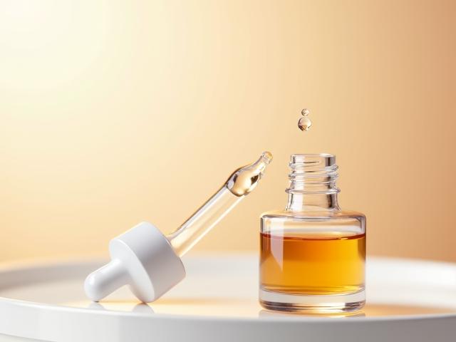 Flacon de sérum haut de gamme avec pipette, éclairé par une lumière douce